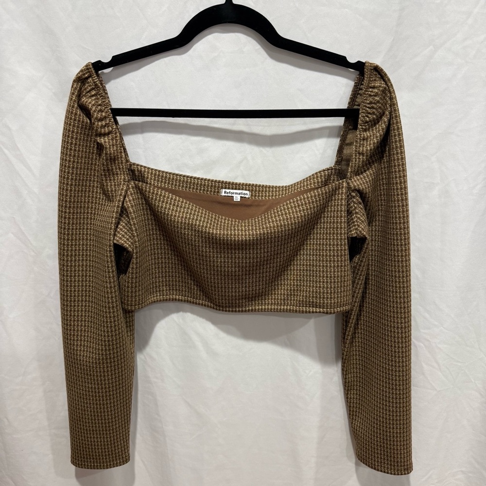 Reformation XL Cropped Long Sleeve Square Neck Top Houndstooth Stretch Fall Soft
